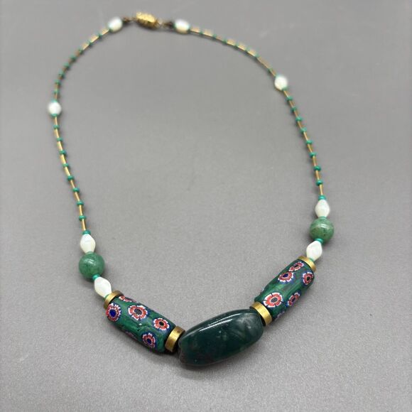 Vintage Millefiori Glass Aventurine Bloodstone Brass Bead Necklace 16" 70s Boho - Picture 3 of 8